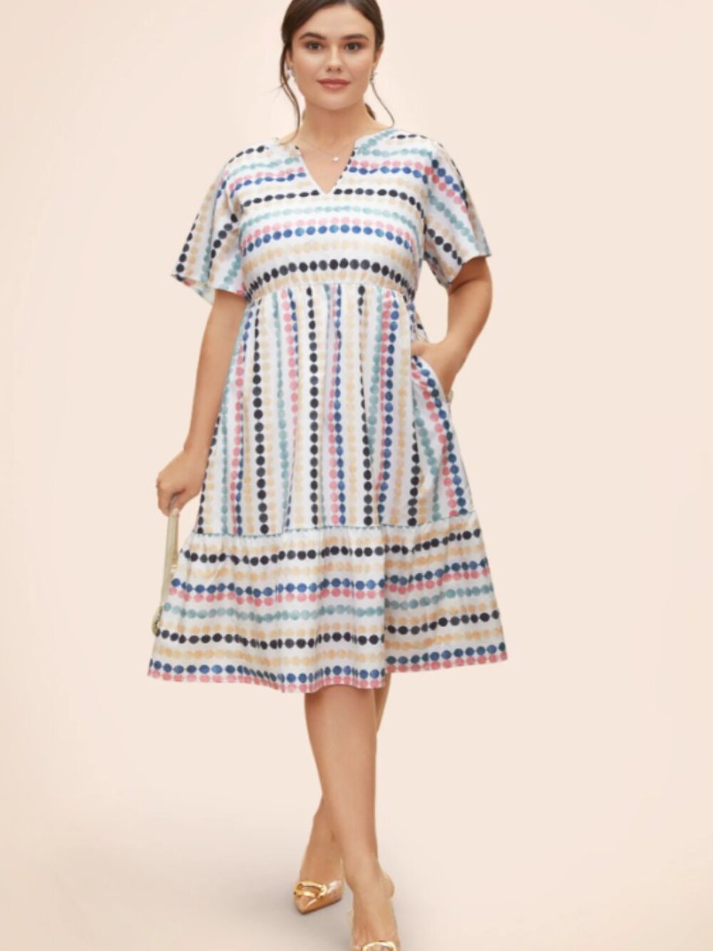 BloomChic Cream Midi Dress with Pink, Blue, Navy & Gray Dots